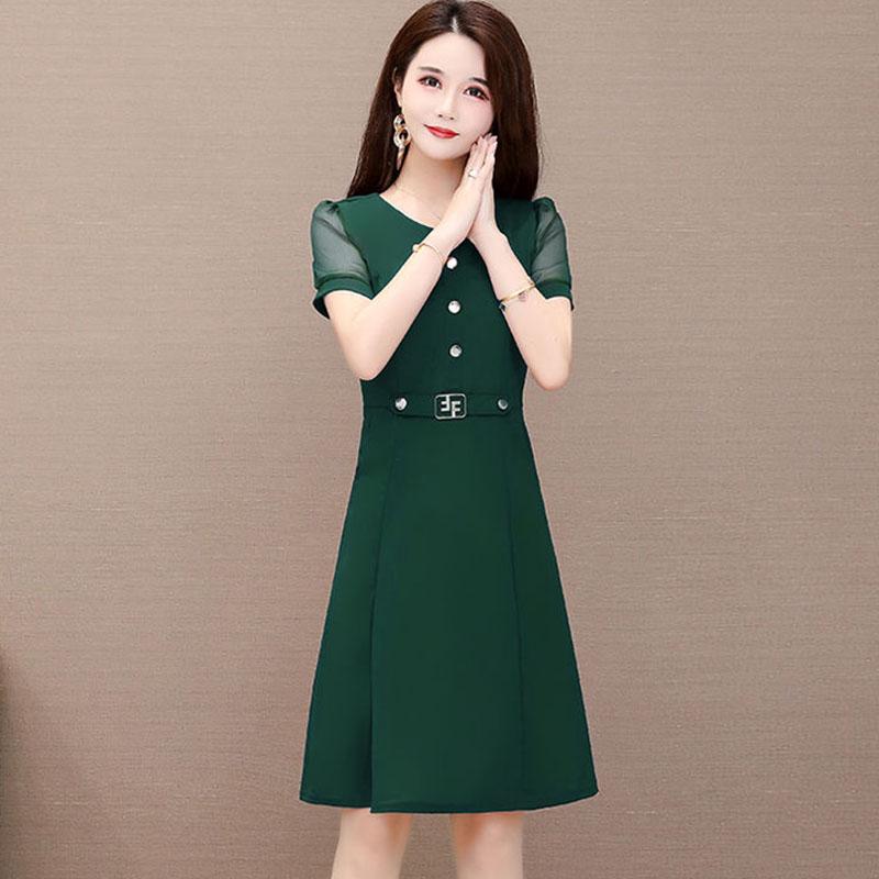 Women's Summer Dress Solid Color Round Neck Chiffon Slim A-line Skirt