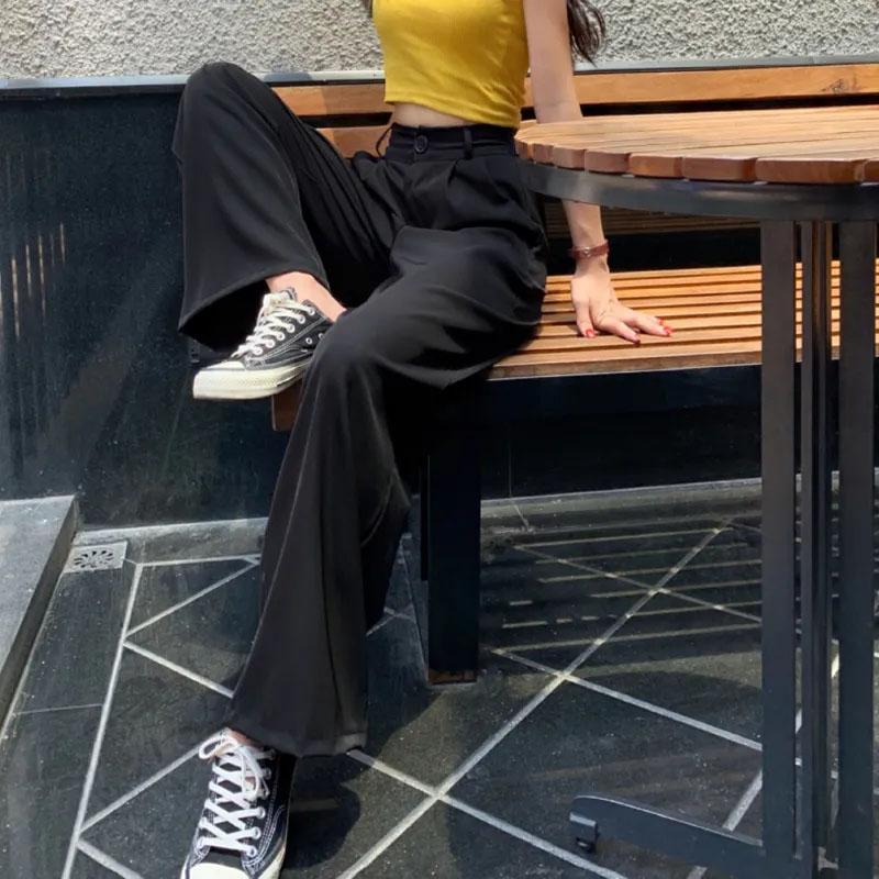 Women's Drape Black Straight-leg Pants Spring and Summer Suit Pants Korean Students Loose Wide-leg Pants Mopping Long Pants