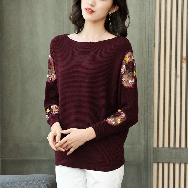 Round Neck Women's Shirt Loose Lace Hollow Knit Sweater Long Sleeves One-shoulder Short Bottoming Shirt
