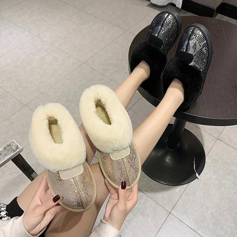 Snow Boots Women's Fur One Low Cut Plus Velvet Thickened Non-slip Wool Cotton Boots Winter Warm Cotton Shoes