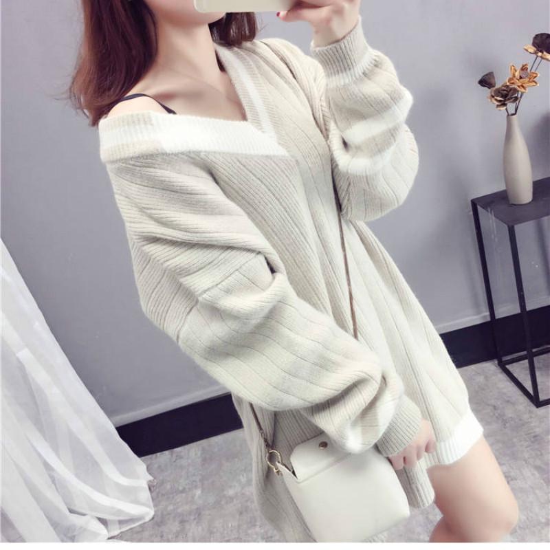 Pofulove high-quality core-spun yarn V-neck hedging mid-length wild wild knit ins sweater female student Korean loose top