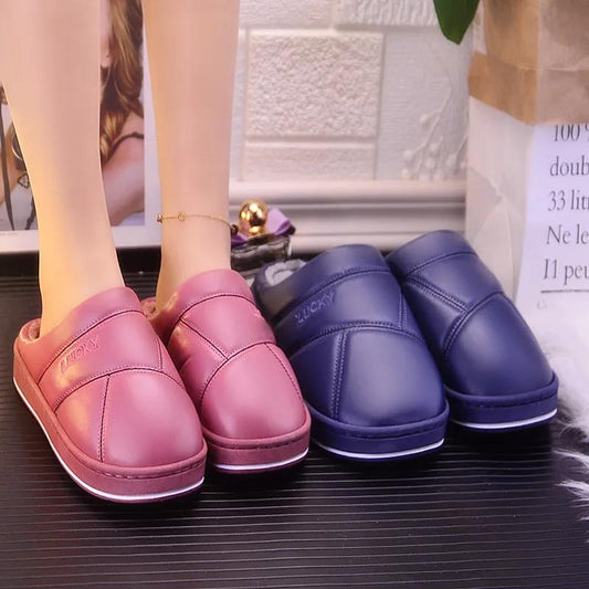 Waterproof Cotton Slippers Women Autumn and Winter PU Surface Soft Bottom Non-slip Couples Home Thick Bottom Solid Color Warm Cotton Slippers Men
