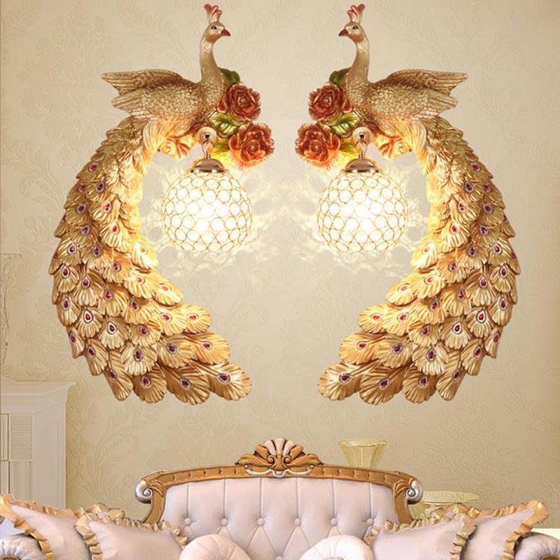 Luxury peacock crystal wall lamp Nordic bedroom bedside living room TV background led wall lamp