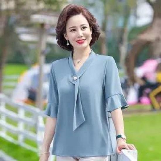 Summer Ladies Top Sleeve Shirt Chiffon Short Sleeve blouse V-neck Solid Color Breathable blouse