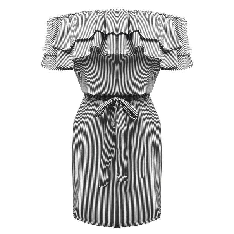 Large Size Women's Summer Dress One-shoulder Fashion Ruffled Striped Loose Waist Dress Casual Strapless