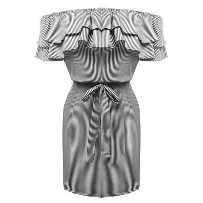 Large Size Women's Summer Dress One-shoulder Fashion Ruffled Striped Loose Waist Dress Casual Strapless