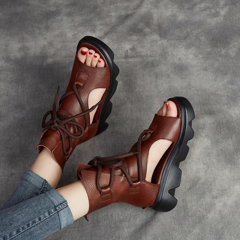 Soft Leather Women's Sandals Spring and Summer Platform Women's Shoes Fish Mouth Flat Roman High-top Sandals