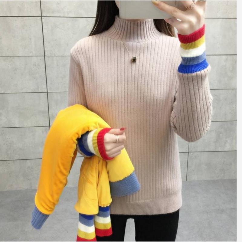Pofulove Sweater Shirt Women Plus Velvet Thickened Half-high Collar Long-sleeved Slim Sexy Sweaters