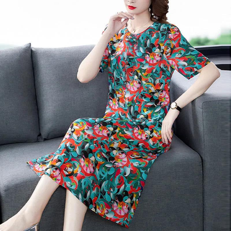 Women's Summer Short-sleeved Mid-length Skirt Floral Round Neck Large Size Loose Dress