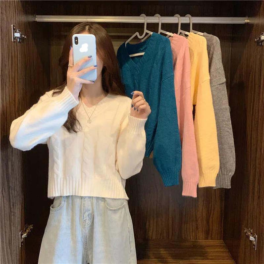 Sweater Women's Outer Wear Autumn and Winter V-neck Pullovers Lazy Inside with A Knitted Bottoming Shirt Top