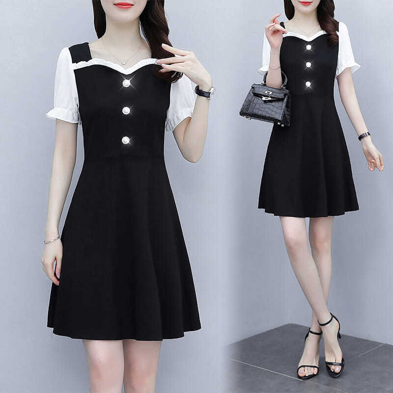 Women's High-elastic Short-sleeved Summer Fake Two-piece Waist Large Size Temperament Dress