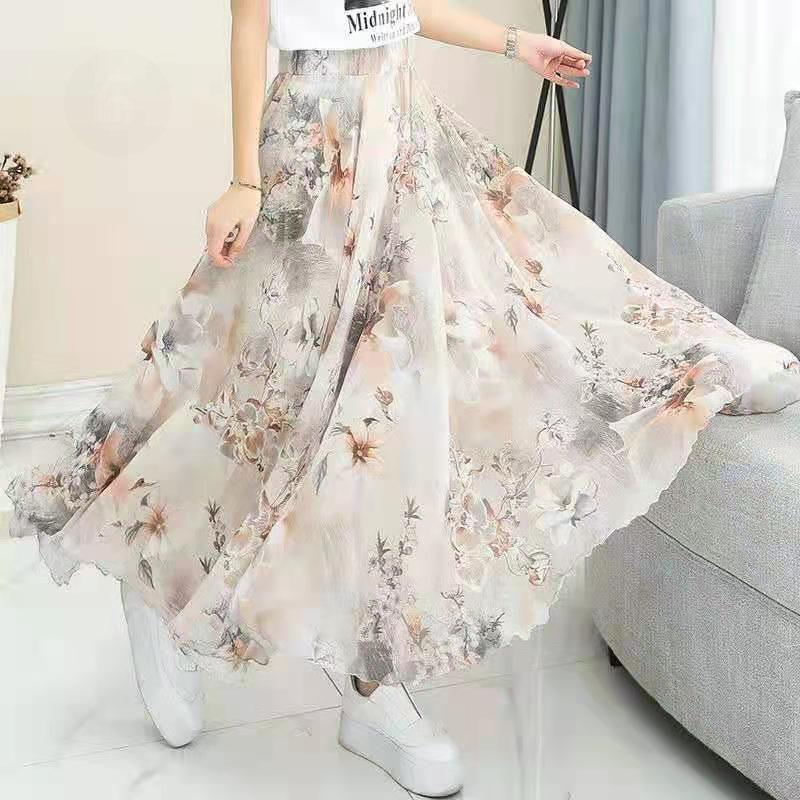 Chiffon Swing Skirt Printed Midi Skirt High Waist Skirt Fashion Versatile