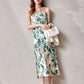Female Green Leaf Print Satin Suspender Dress Vintage Elegant Slim Backless Long Holiday Dress