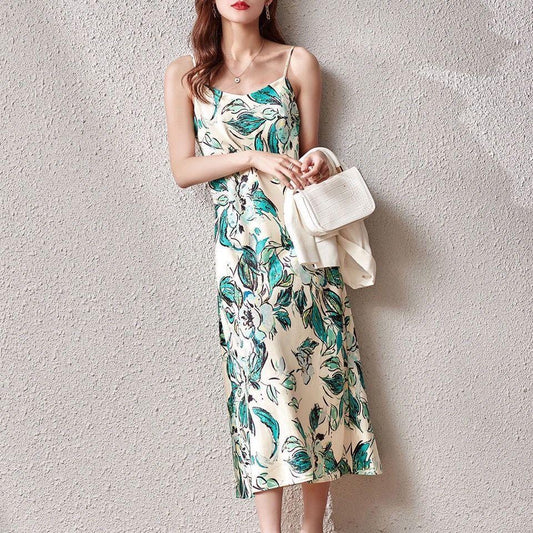 Female Green Leaf Print Satin Suspender Dress Vintage Elegant Slim Backless Long Holiday Dress