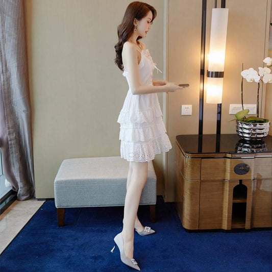 Fashion Summer Sexy V-neck Multi-layer Strap Dress Ruffled Lace Dress Backless Vacation Beach Dress