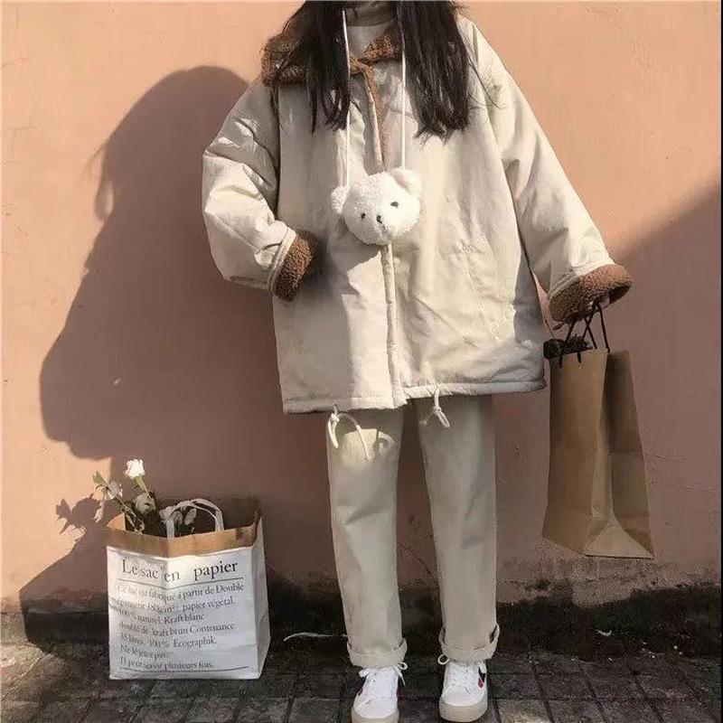 Lamb Fur Lapel Double-sided Cotton Jacket Female Student Korean Version Loose College Style Thick Cotton Jacket