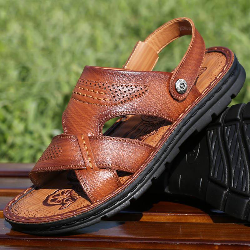 Sandals Men's Summer New Genuine Leather Beach Toe Top Thick Bottom Massage Bottom Men's Sandals