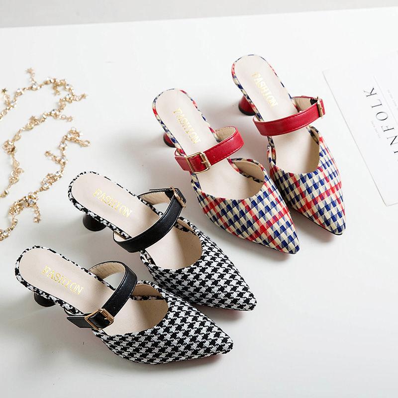 Spring/Summer Houndstooth Pointed Toe Shoes Wine Glass Heel Belt Buckle Slippers Female Korean Mid-heel Single Shoes