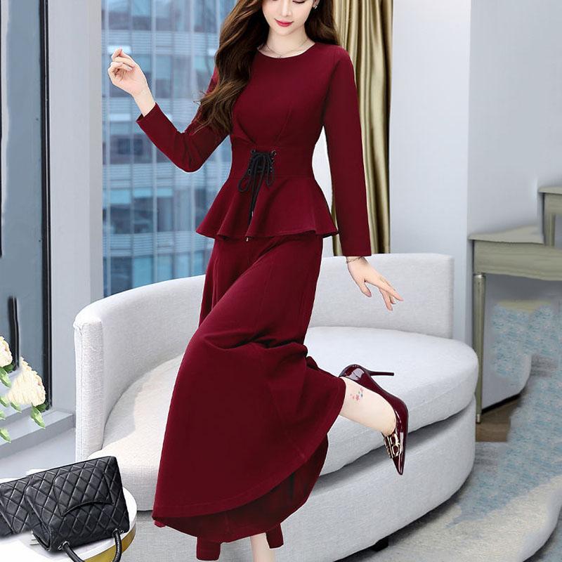 Suit Women's Spring and Autumn Dress Ladies Temperament Two-piece Set of Nine-point Wide-leg Pants + Round Neck Long-sleeved Top