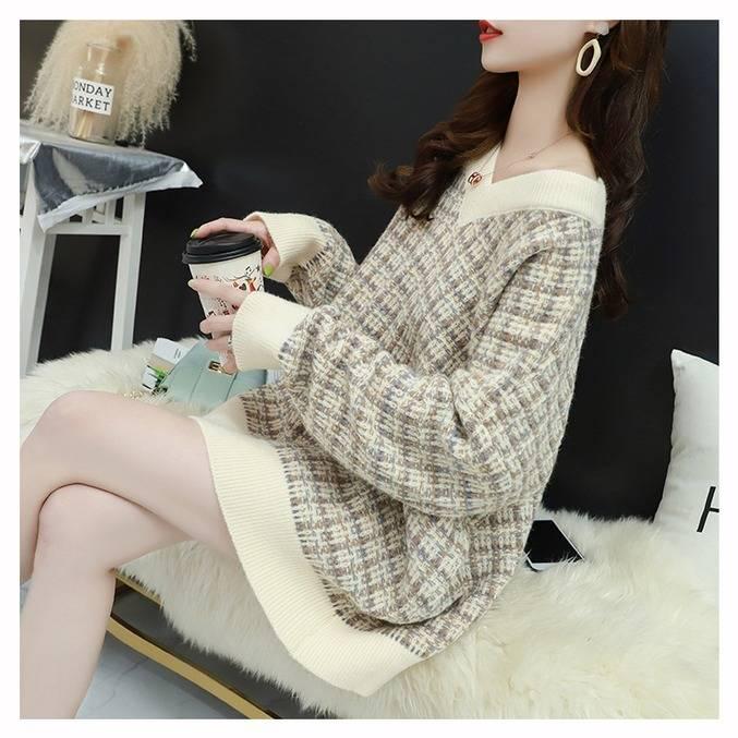 Pofulove Check V-neck Pullover Sweater Women Autumn Winter Loose Wild Long Sleeve Knitted Sweater