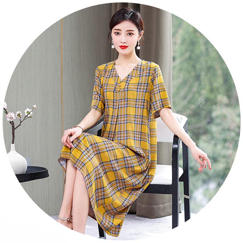 Loose Comfortable Plus Size XL-XXXXXL Cotton Short-sleeved A-line V-neck Ruffle Dress Summer Printing Calf-length Skirt