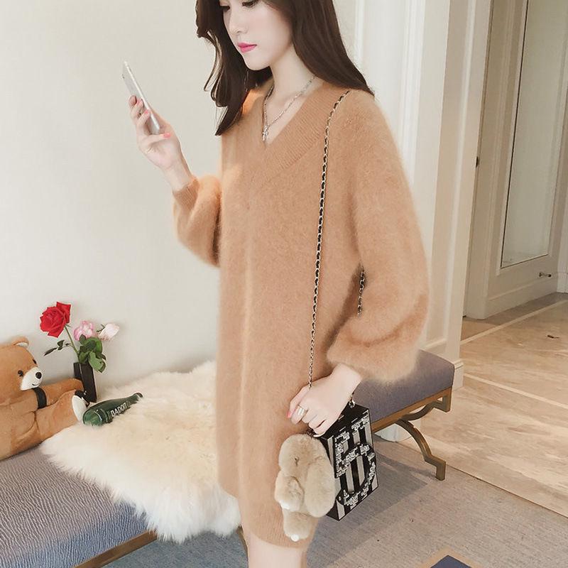 Non-shedding Faux Mink Women's Sweater Spring and Autumn Plus Size Loose Fashion Trend V-neck Thick Mid-length Bottoming Shirt