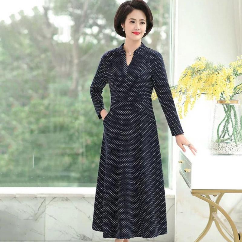 Middle-aged Elderly Women's Dresses Spring Summer Waist Long Dress Retro Printing Mid-length Plus Size Women's Clothing