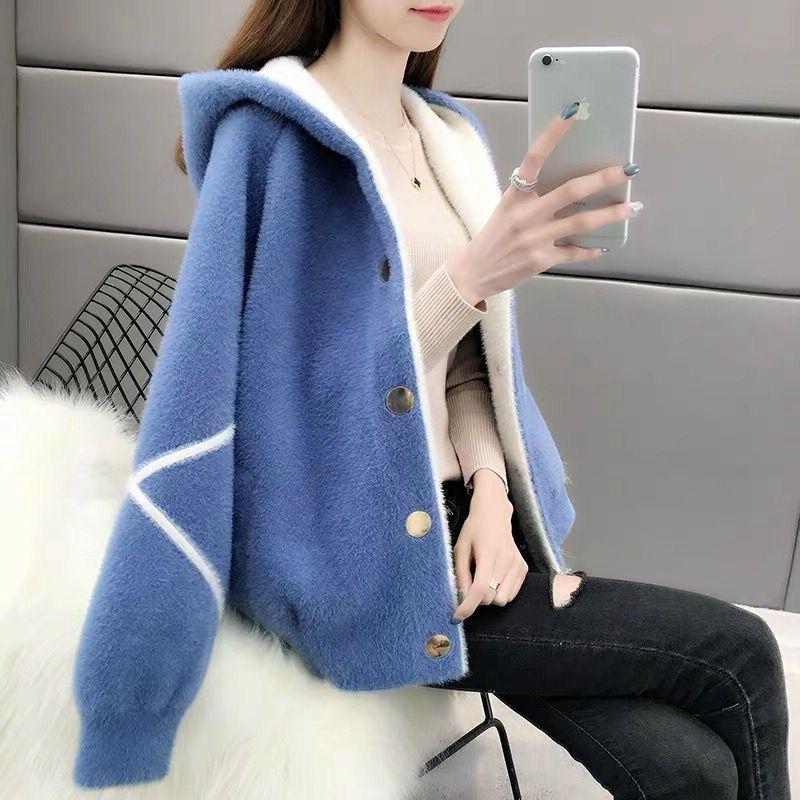 Loose Hooded Long Sleeve Sweater Autumn and Winter Button Cardigan Warm Top Mink Fleece Fashion Casual Jacket