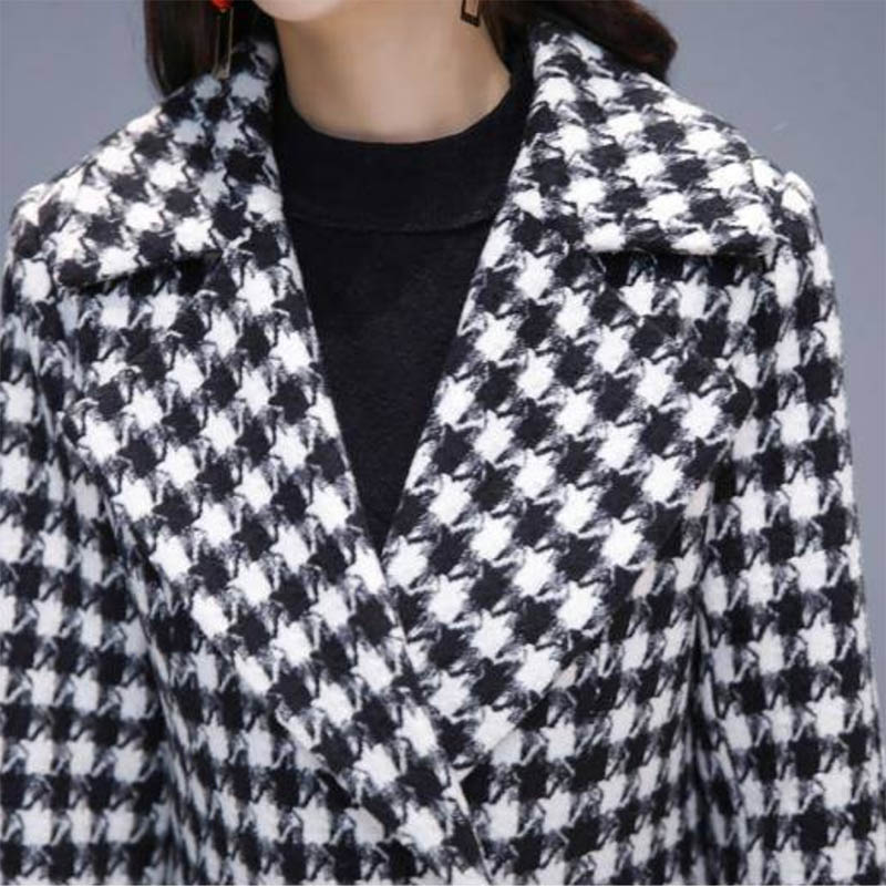 Black and White Plaid Woolen Coat Women's Mid-length Slim Temperament Coat Double-sided