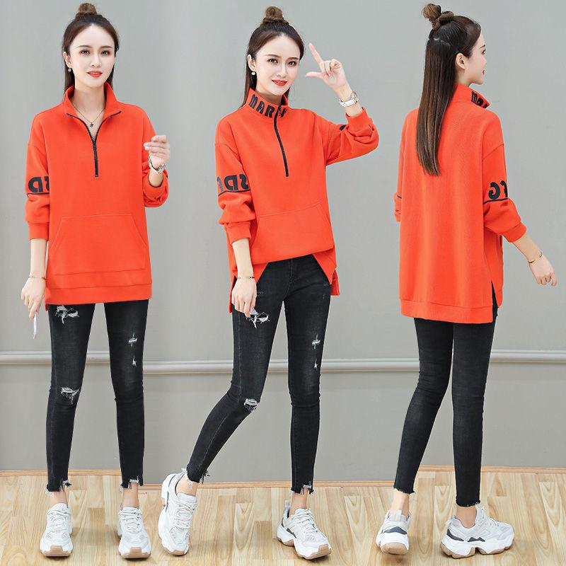 Mid-length Stand-up Collar Cotton Sweat Women Spring and Autumn Loose Pullover Blouse Fashionable Slim Coat