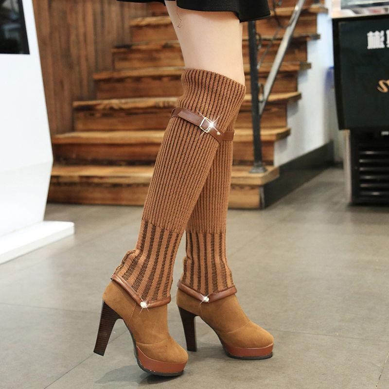 Women High Boots Stiletto High Heels Ladies Elastic Knee-high Boots Autumn  Winter Knit Plus Velvet Boots