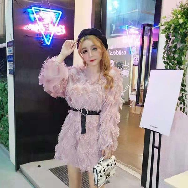 Autumn and Winter Lantern Sleeve Tunic Sweater Fringed Round Neck Dress