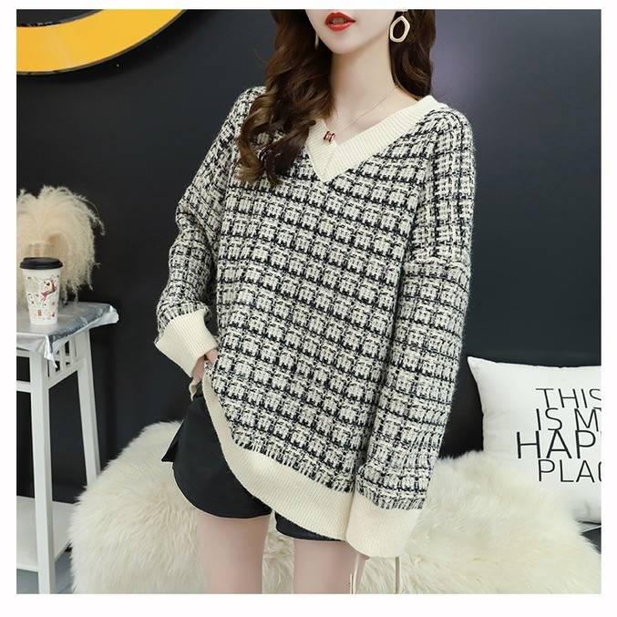 Pofulove Check V-neck Pullover Sweater Women Autumn Winter Loose Wild Long Sleeve Knitted Sweater