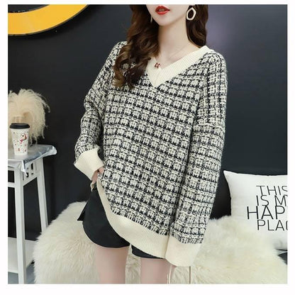 Pofulove Check V-neck Pullover Sweater Women Autumn Winter Loose Wild Long Sleeve Knitted Sweater