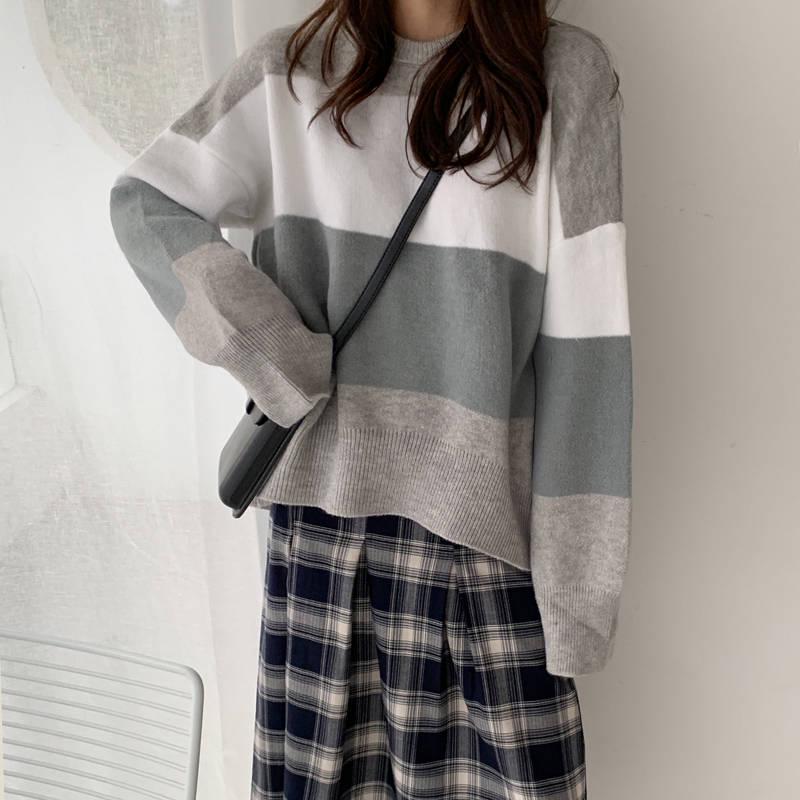 Pofulove Round Neck Loose Sweater Female Students Were Thin Wild Color Matching Long-sleeved Sweater