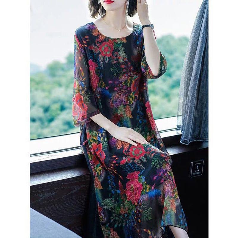 Women's Printed Skirt Loose Round Neck Dress Concealed Belly Thin Large Size Dress Long Printed Skirt Light and Breathable Fabric