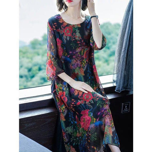 Women's Printed Skirt Loose Round Neck Dress Concealed Belly Thin Large Size Dress Long Printed Skirt Light and Breathable Fabric