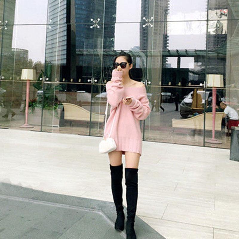 Women sexy Off-shoulder Sweaters  Autumn Winter Mid-length Loose  Knitted  pullover Sweater Dress