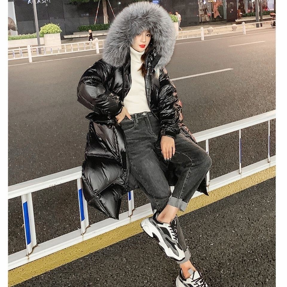 Black Shiny Down Jacket Women's Mid-length, Waist, Explosive, Large Fur Collar, Thickened Tooling Jacket