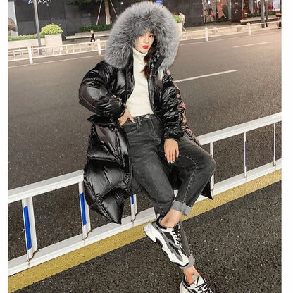 Black Shiny Down Jacket Women's Mid-length, Waist, Explosive, Large Fur Collar, Thickened Tooling Jacket