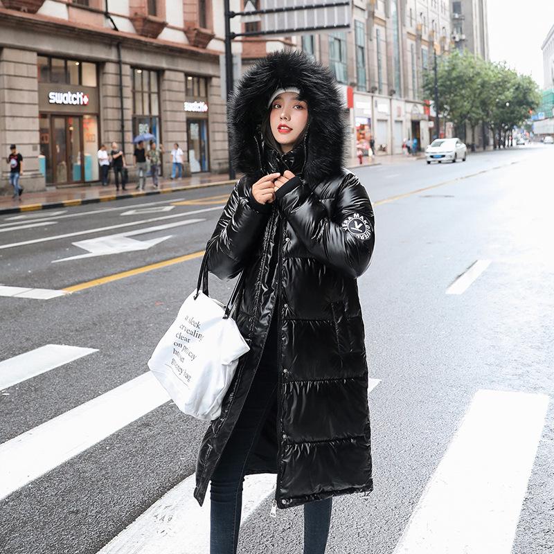 Women Long Oversize Blue Down Jackets Warm Thick Casual Loose Winter Jacket Fur Collar Hooded Coats Female Down Coats Solid Glossy Outwear