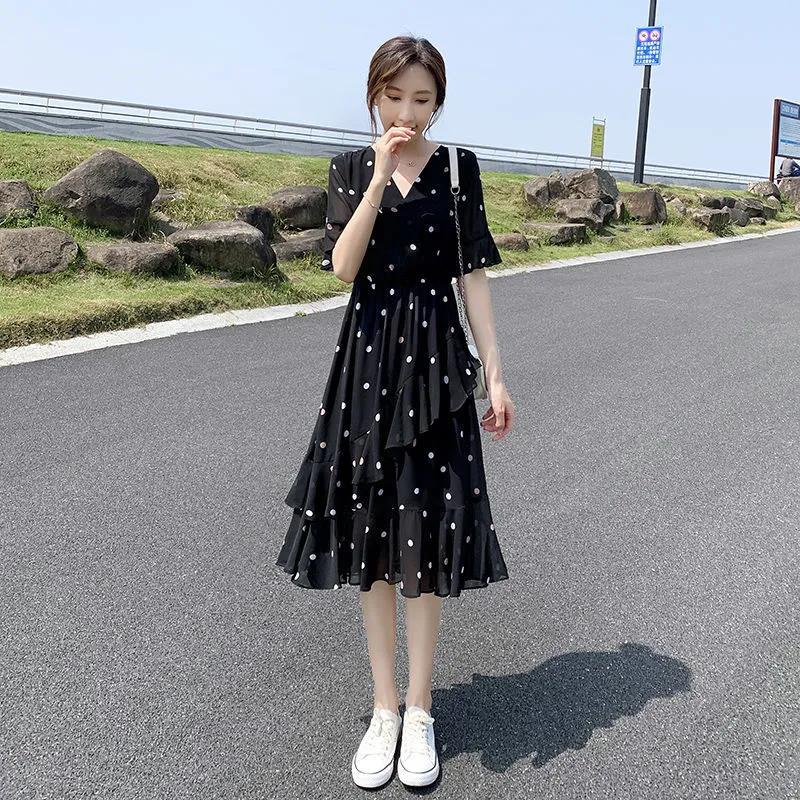 Ruffle Polka Dot Chiffon Dress Women's Short Trumpet Sleeve V-Neck Knee-length Daily Dating Party Office Wear