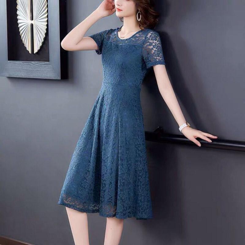 Women's Short-sleeved Lace Dress Loosely Cover Belly Look Thin Spring Summer Plus Size Temperament Women's Clothing