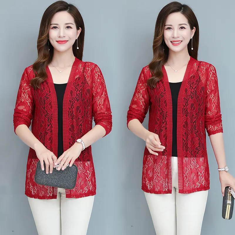 Thin Section Long-sleeved Sunscreen Ladies Summer Breathable Solid Color Chiffon Lace Cardigan All-match Clothing