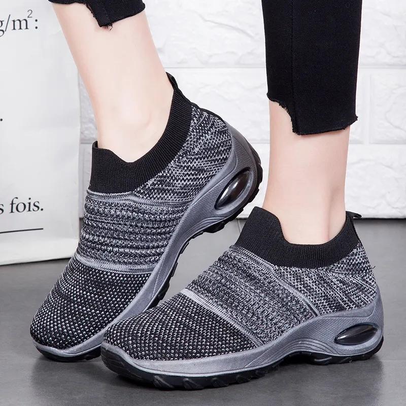 Women's Mid High-heeled Sneakers Casual Breathable Mesh Sports Shoes Running Flat Shoes Slip on Thick-soled Dance Shoes