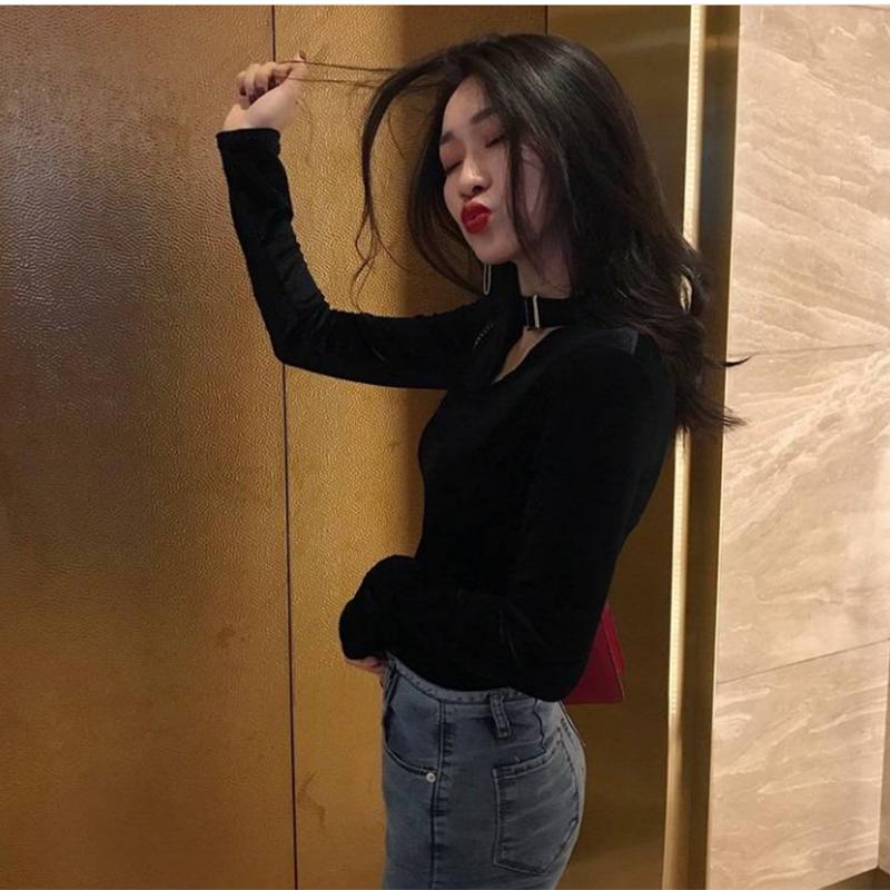 Pofulove V-neck Sexy Long Sleeve Gold Velvet T-Shirt Black Sweater Women Retro Slim Slim Deep