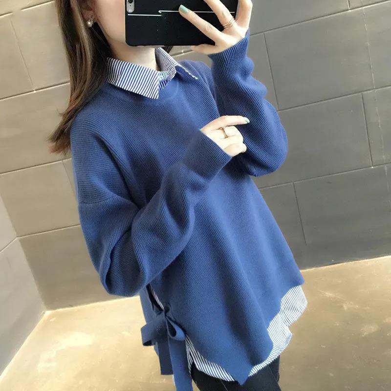 One-piece Round Neck Sweater Lace-up Sweater Spring and Autumn Loose Bottoming Sweater Ladies Top Solid Color Wild Sweater