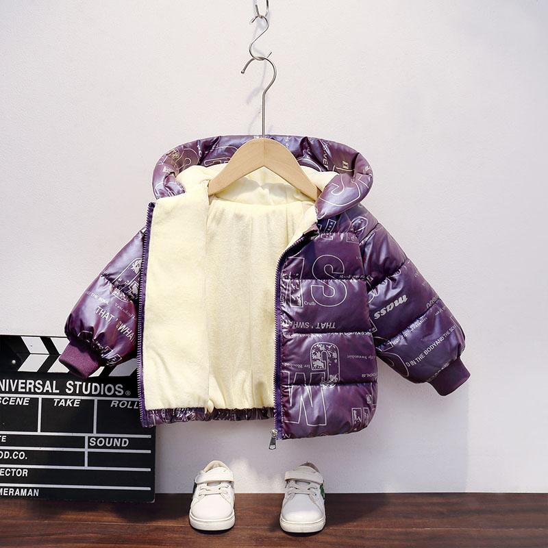 Girls Printing Plus Velvet Padded Cotton Jacket Hooded Winter Short Warm and Windproof Jacket