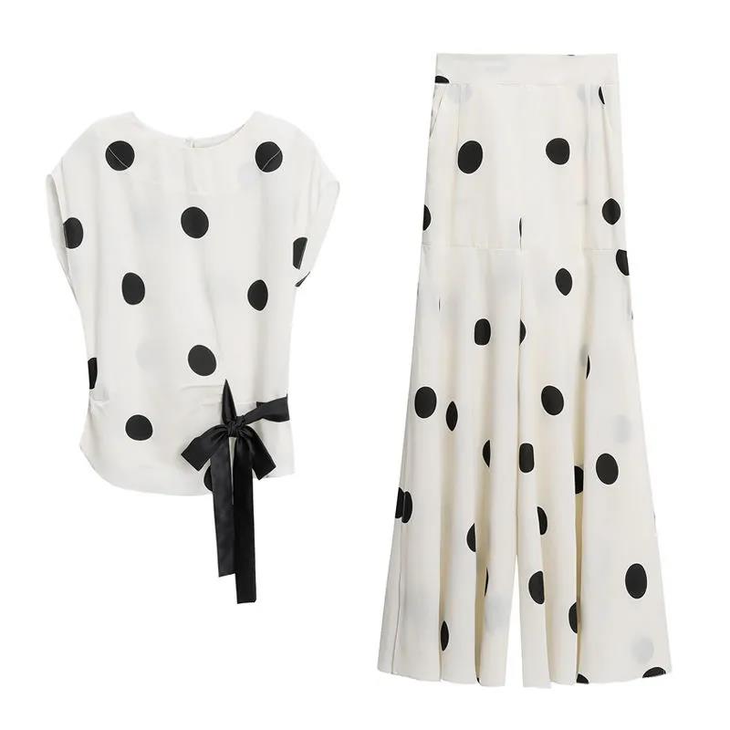 Polka Dot Chiffon Women's Two-piece Loose Wide-leg Pants Round Neck Sleeveless Bow-knot Shirt Chiffon Fabric Light and Breathable