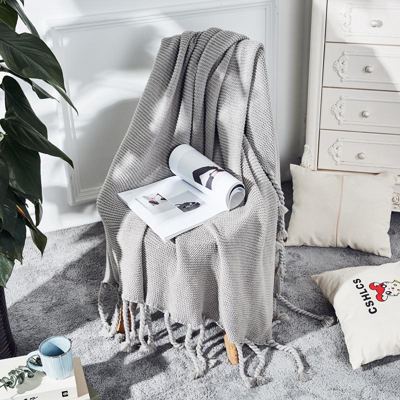 Nordic Plain Knitted Blanket Fringed Sofa Blanket Coarse Thread Nap Blanket